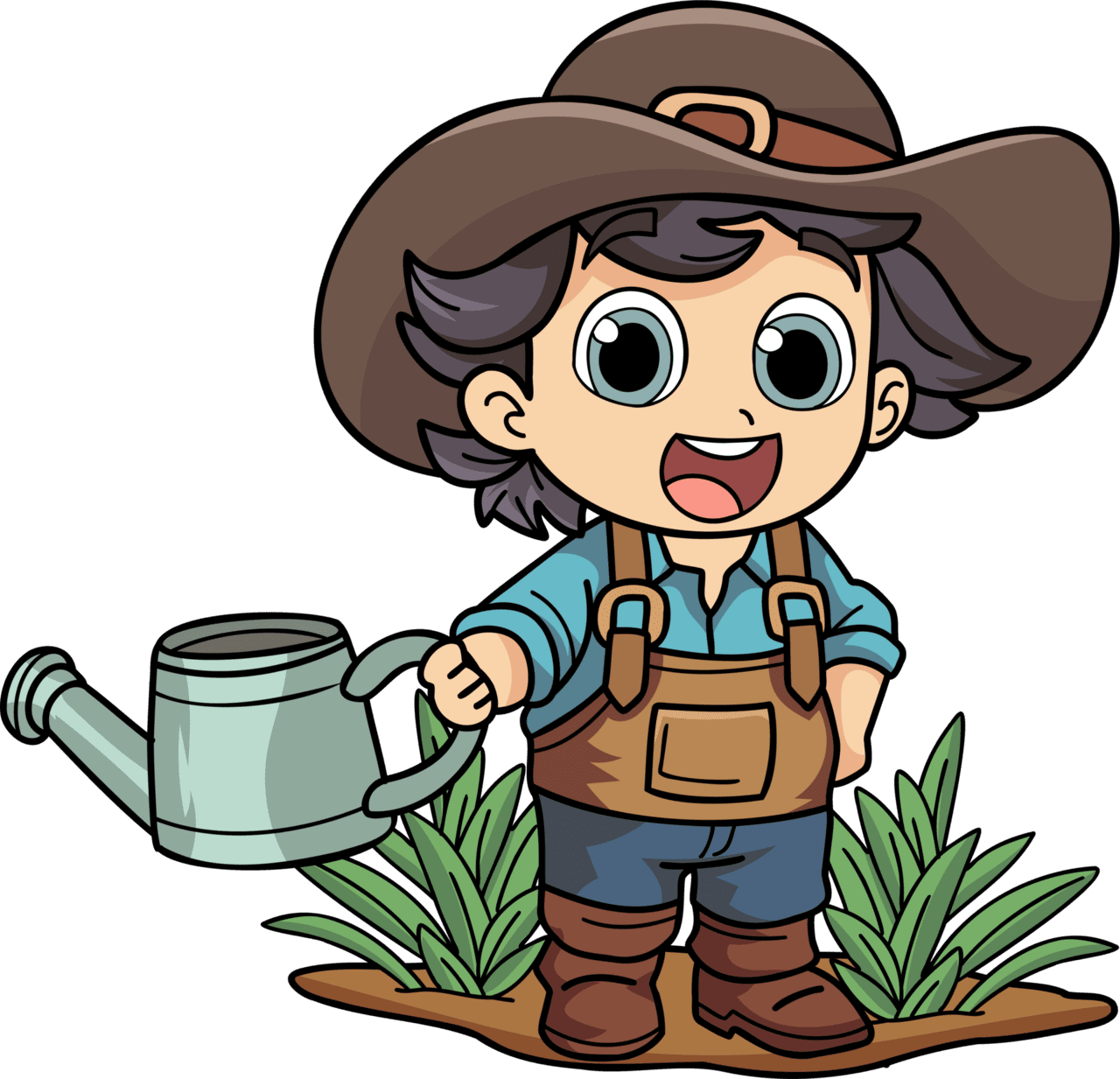 Happy female farmer working hard character in doodle style clipart photo