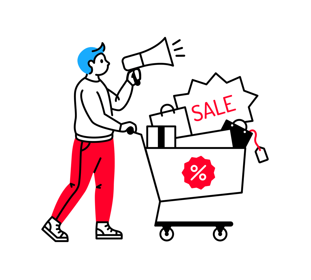 Man with shopp cart full of items advertis sale us megaphone clipart vector