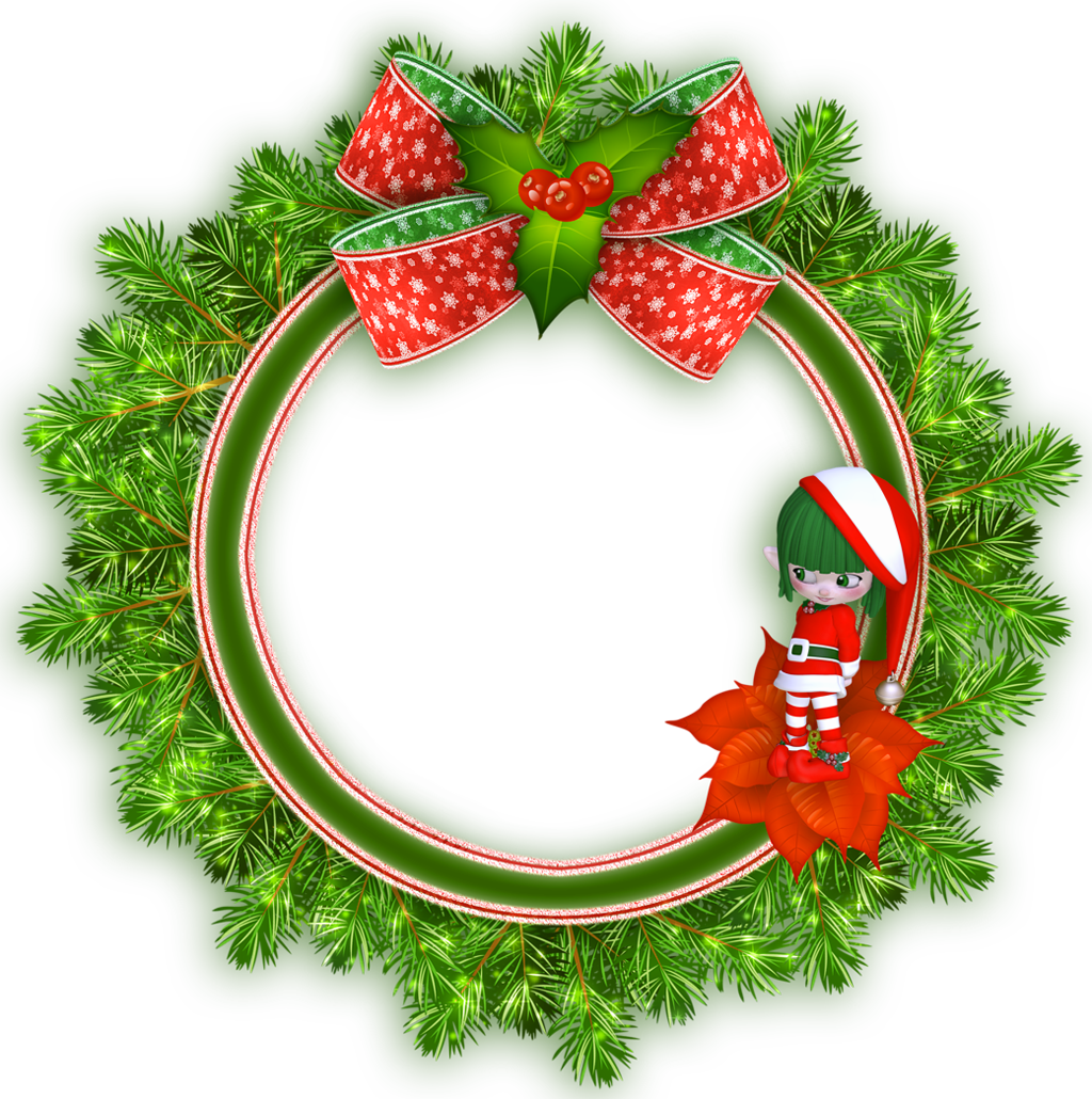 Christmas wreath round photo frame with elf clipart