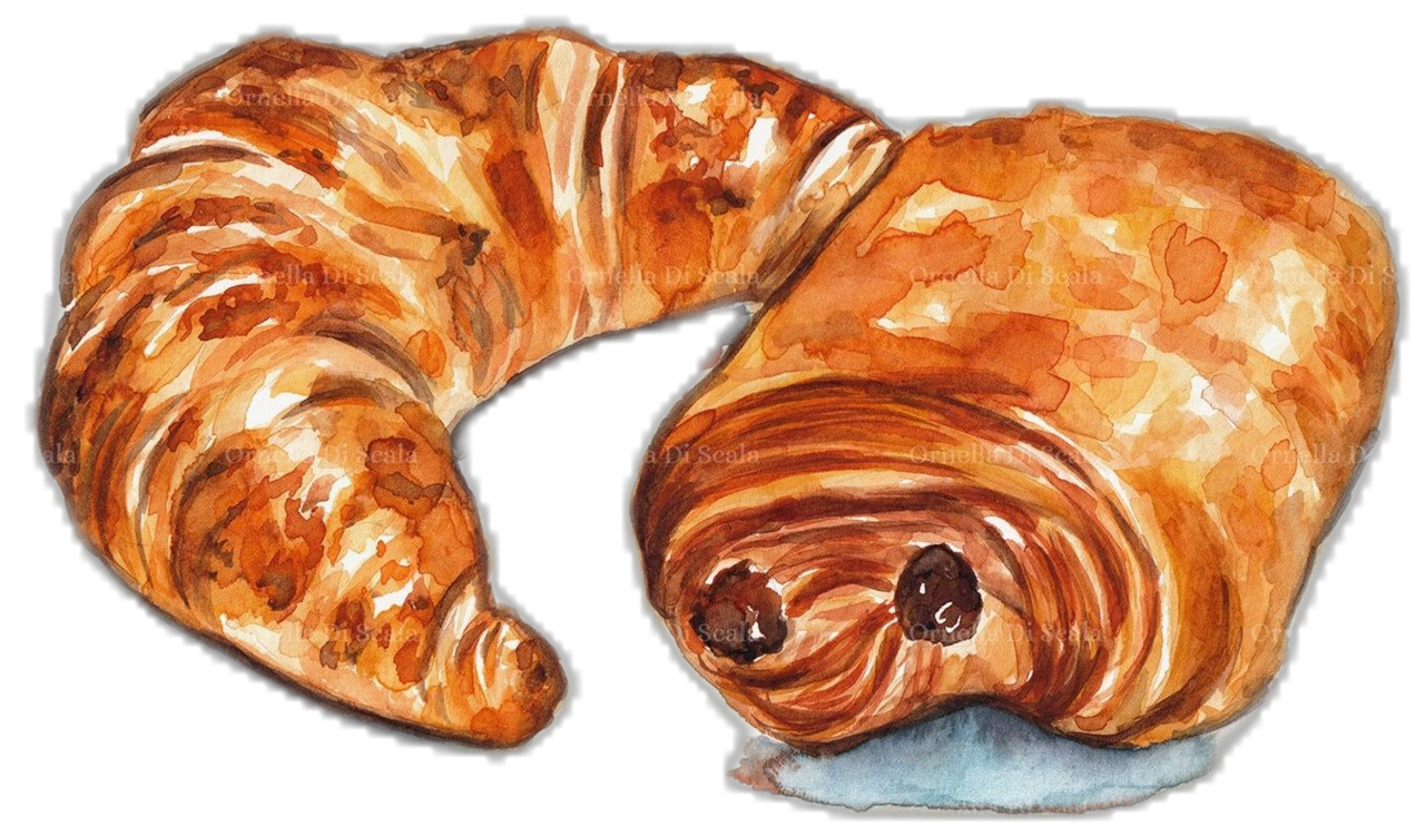 Bread croissant and pain au chocolat watercolor painting instant printable artwork clipart picture