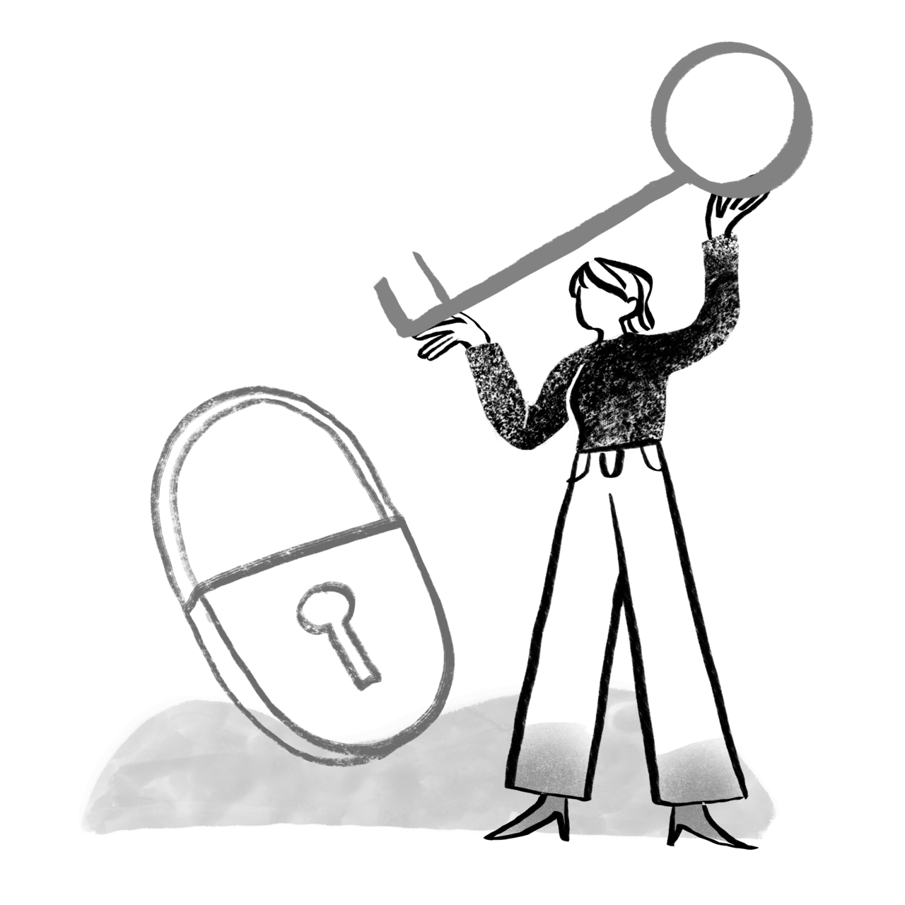 Black and white woman open lock with key clipart logo