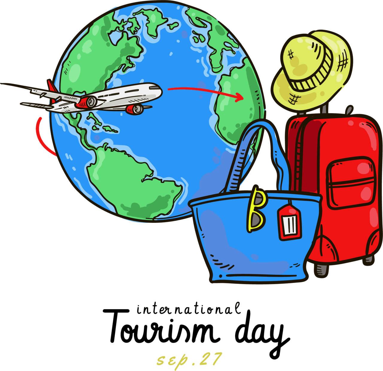 Plane travel around the tourism day hand drawn clipart free