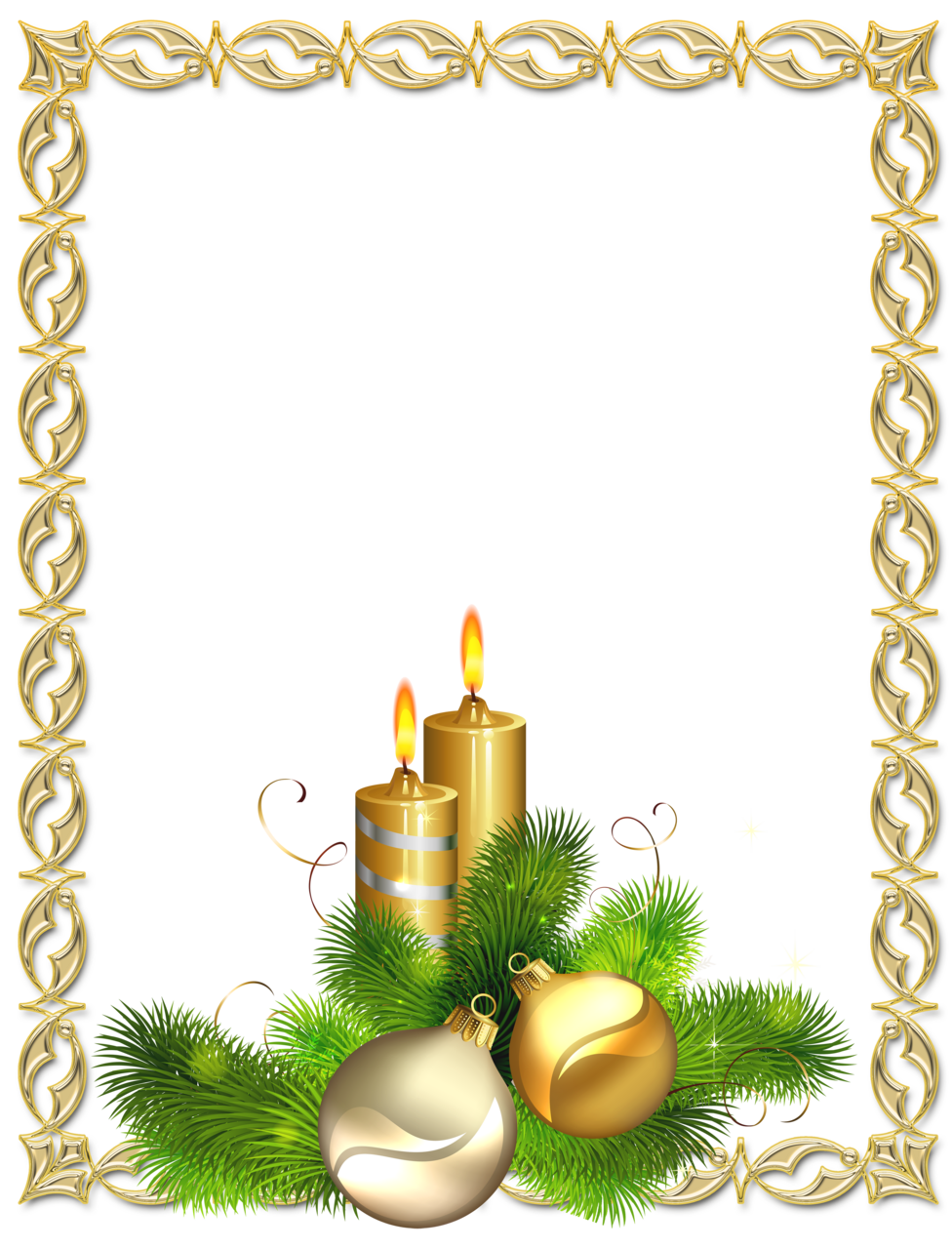 Large gold christmas photo frame with candle and balls clipart