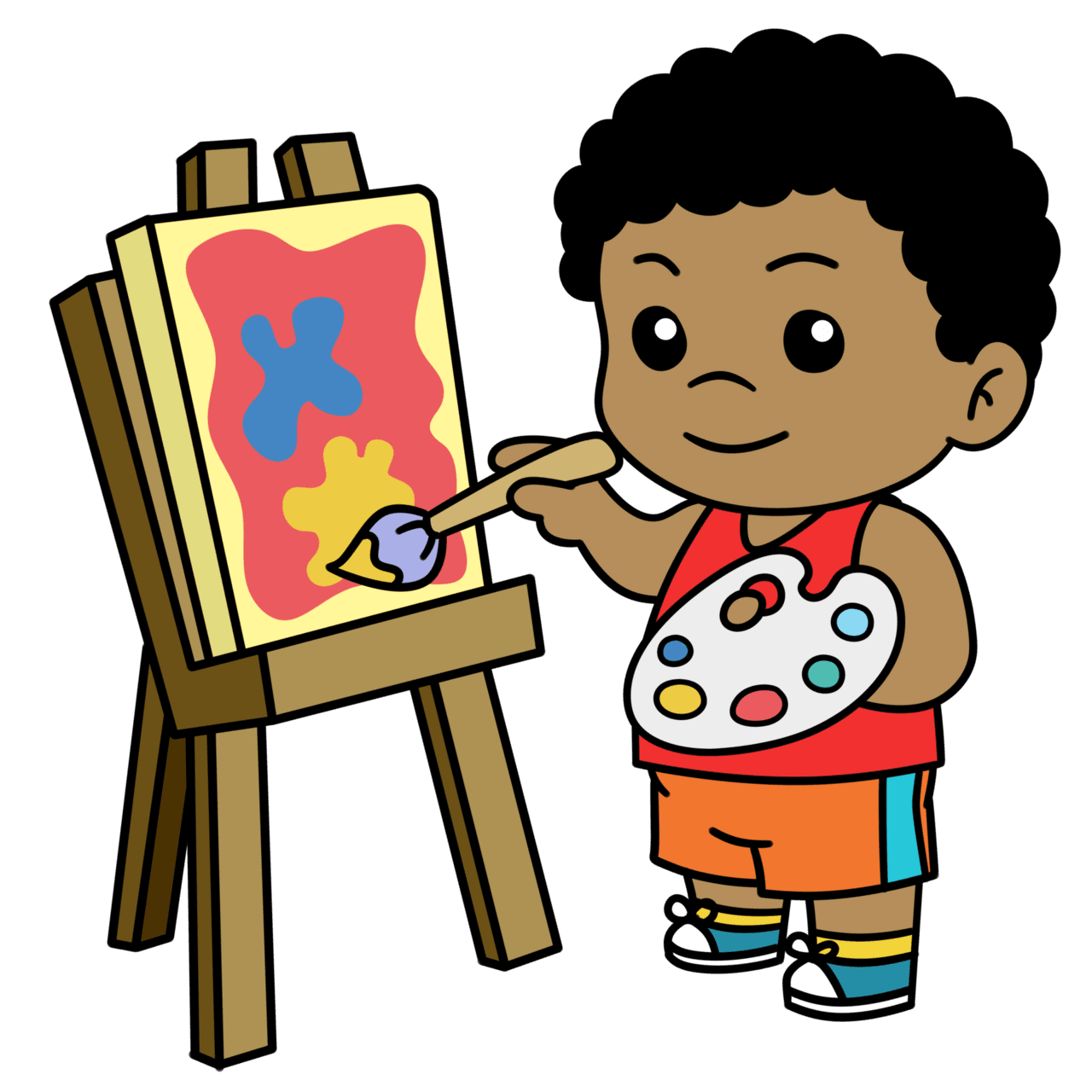 Cute cartoon kid boy painting isolated clipart background