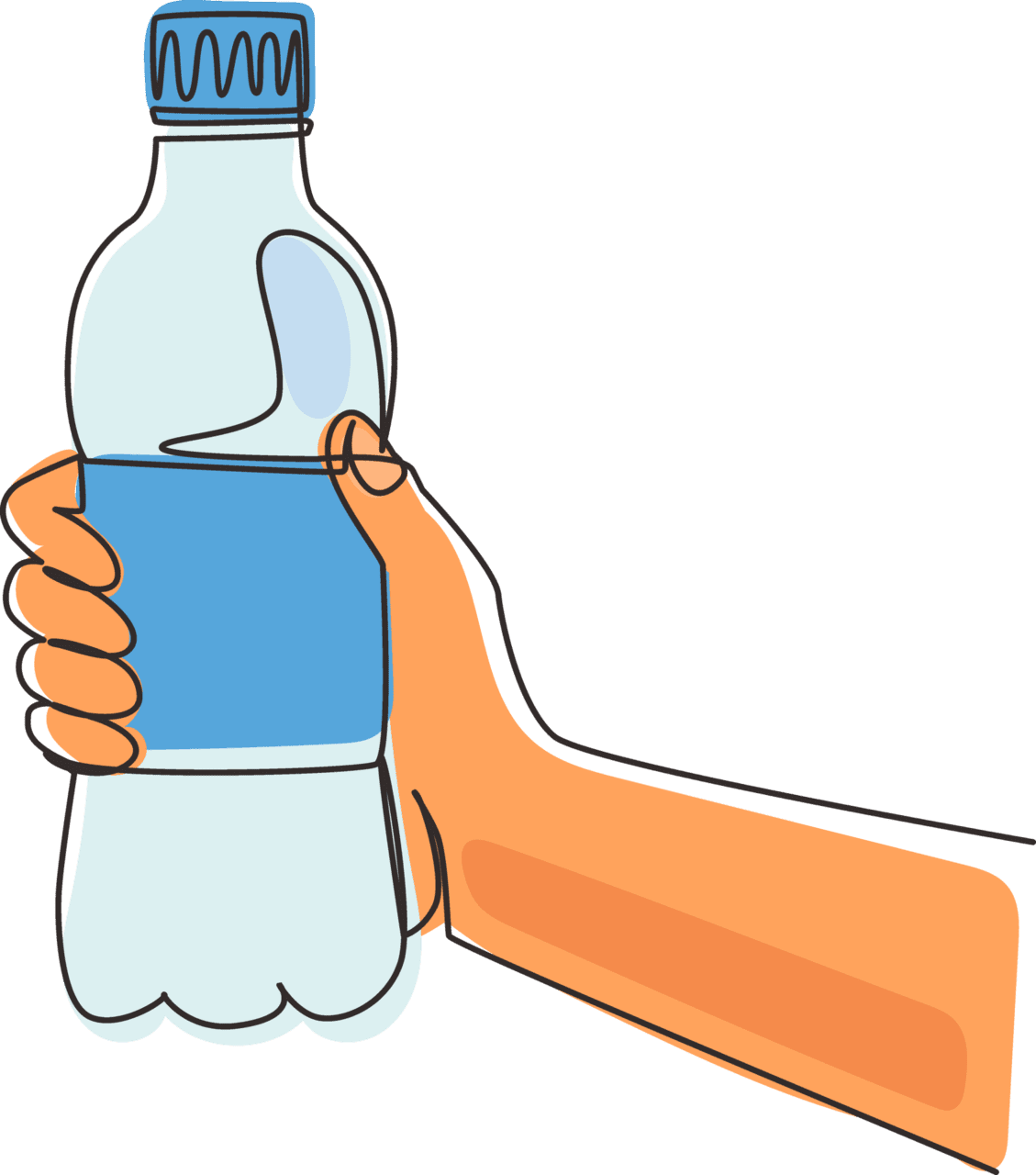 Continuous line drawing hand holding water bottle in the park morning sunrise young woman drinking after run sport and health care concept single draw design clipart photo