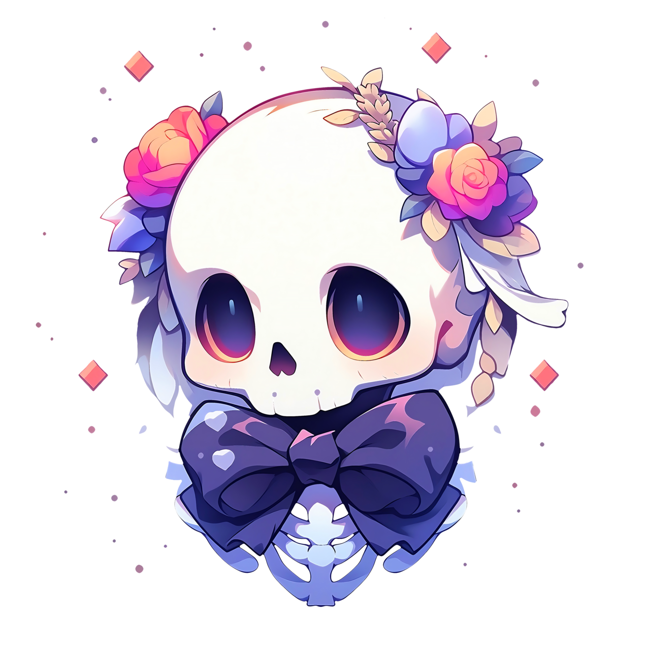 Cute kawaii halloween skeleton girl in pink and purple pastel sticker clipart logo