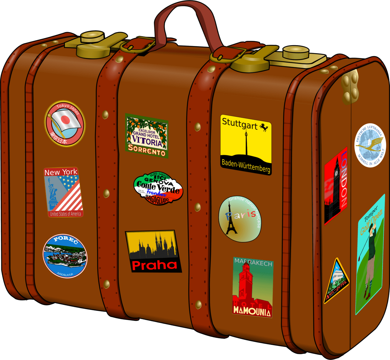 Travel suitcase with stickers clipart vector