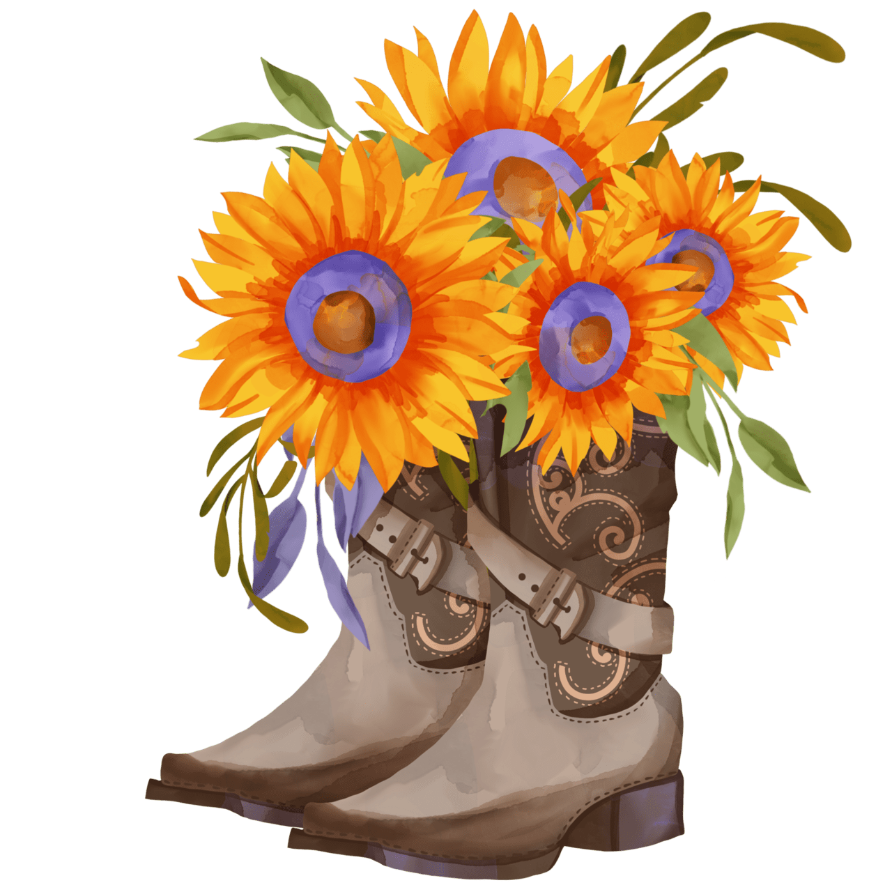 Cowgirl boots and sunflowers watercolor sublimation summer clipart transparent