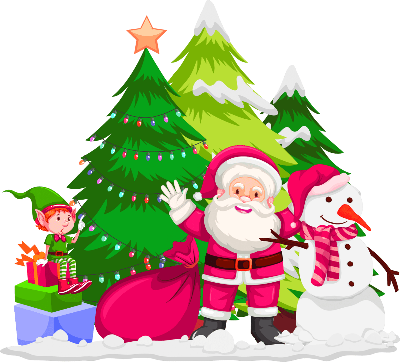 Merry christmas santa claus snowman with children vector clipart