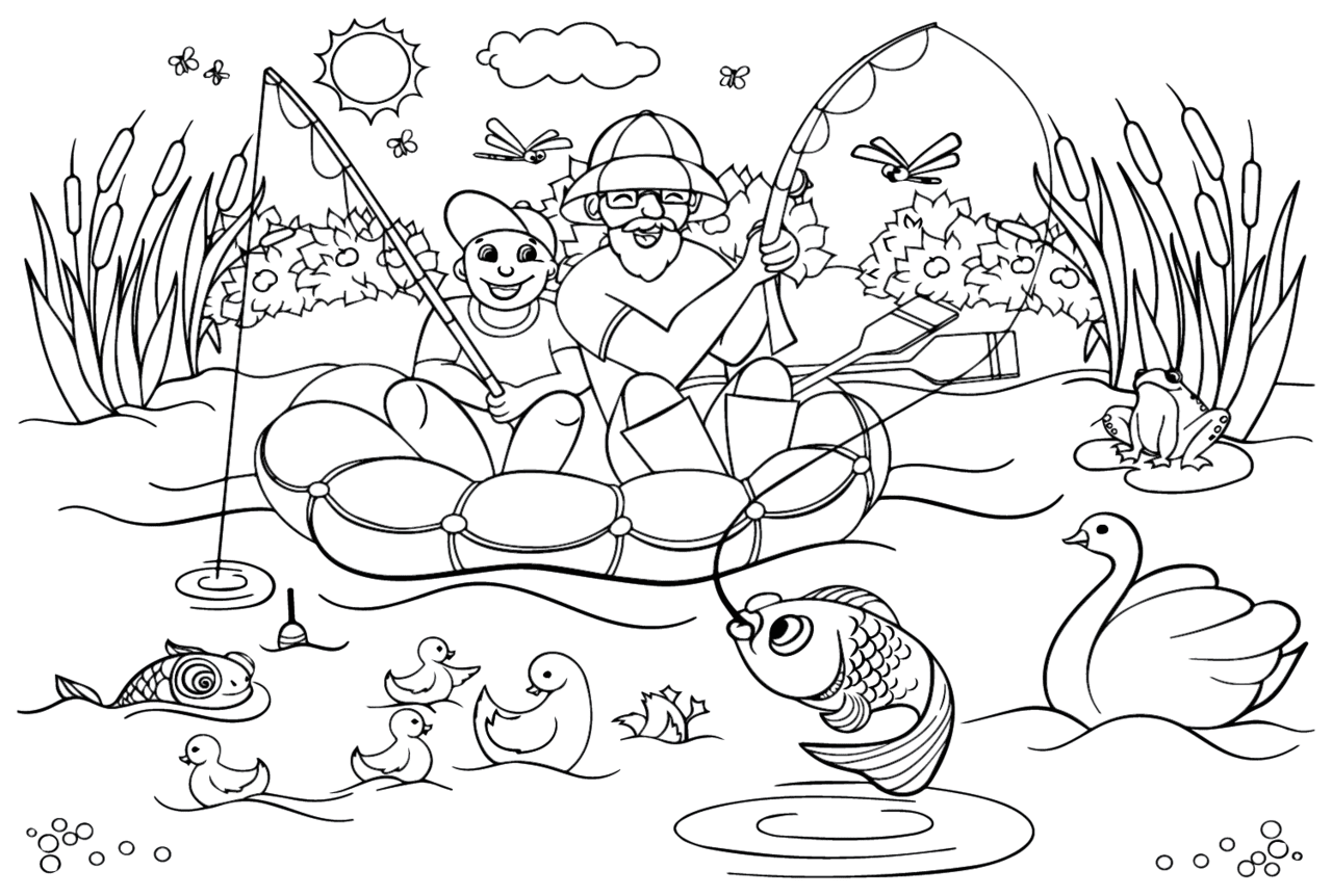 Fish black and white grandpa grandson fishing for carp coloring page printable pages clipart logo