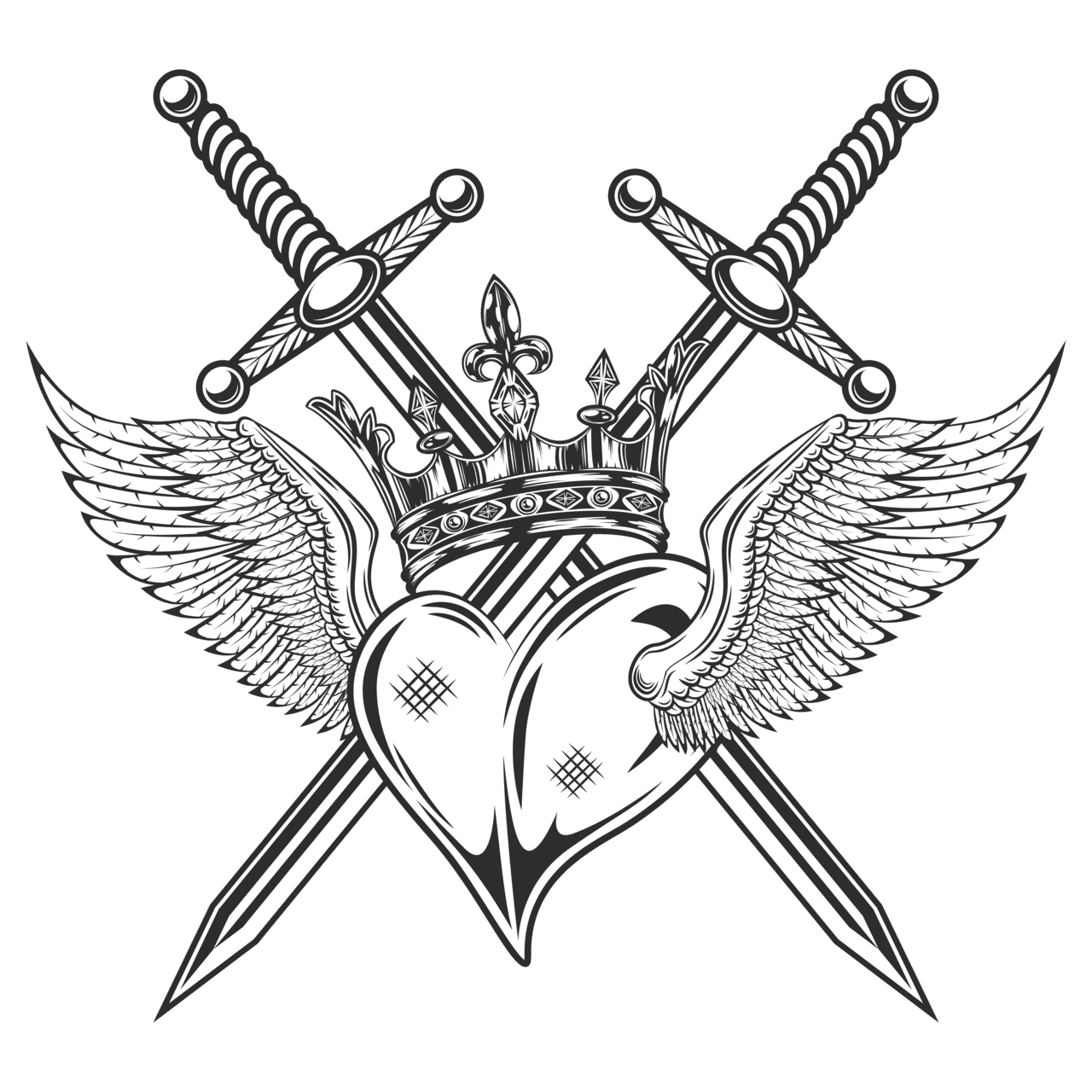 Vintage prince or king crown with heart wings and sword monochrome isolated vector clipart