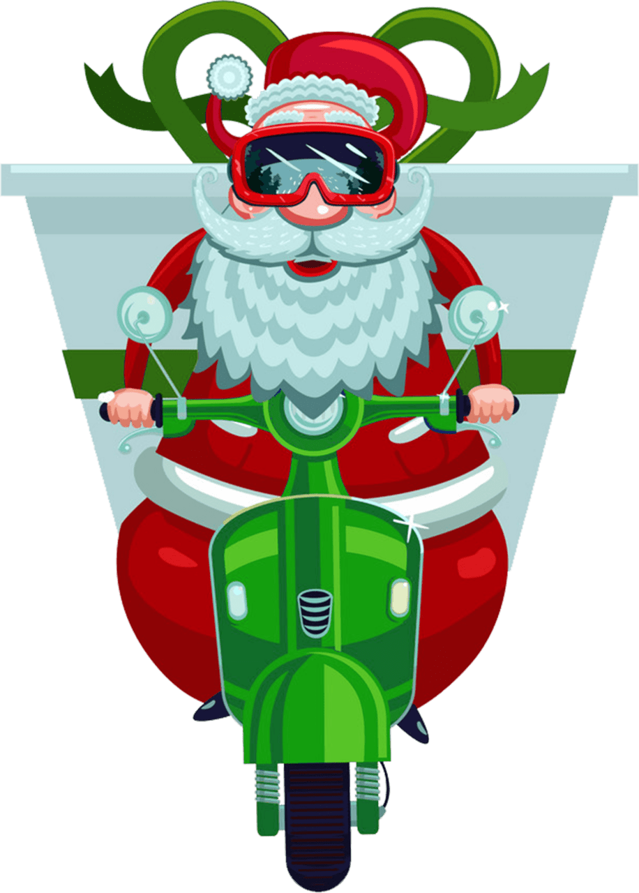 Father christmas hat santa claus delivery box riding old scooter vector image clipart