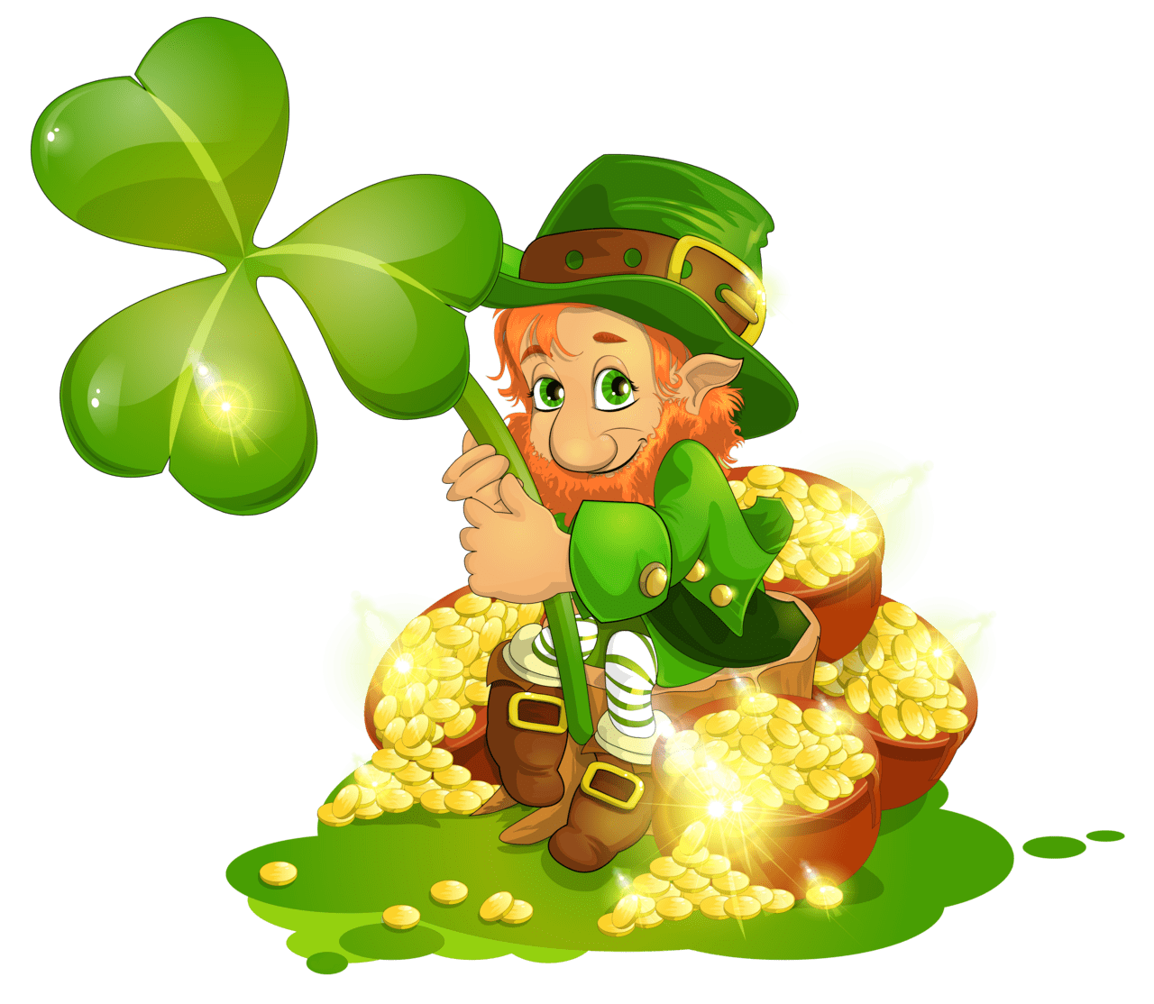 Saint patrick day leprechaun with pot of gold and shamrock clipart transparent