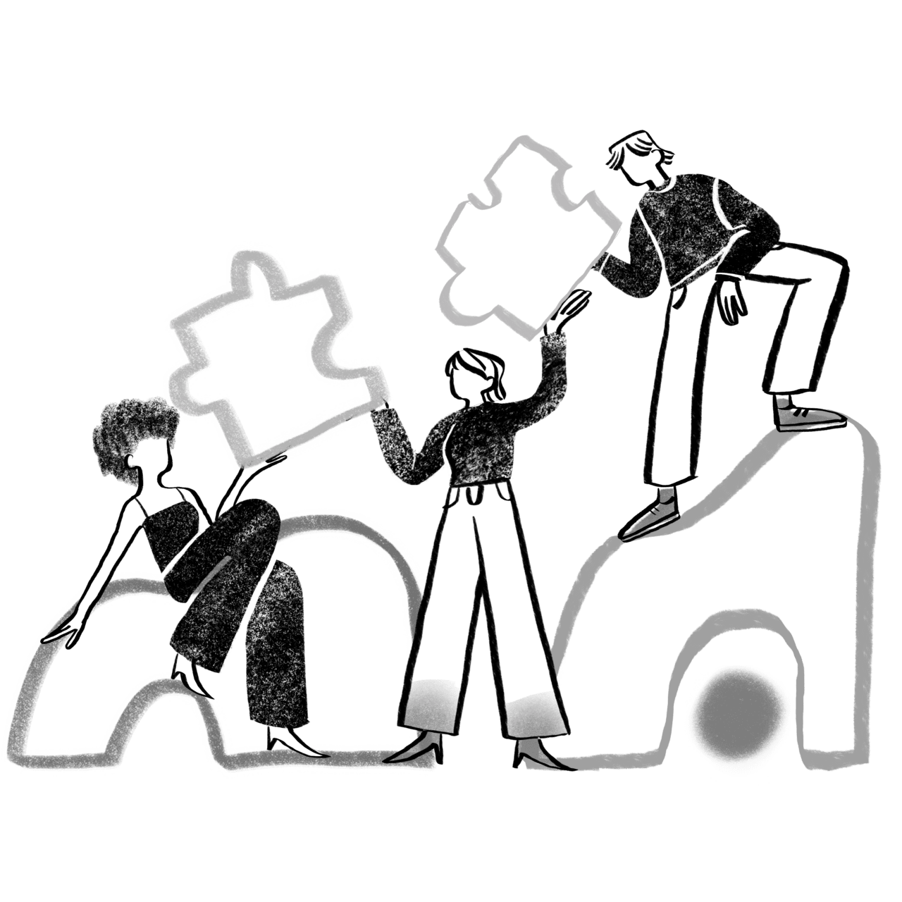 Black and white teamwork people pass puzzle pieces to each other clipart picture