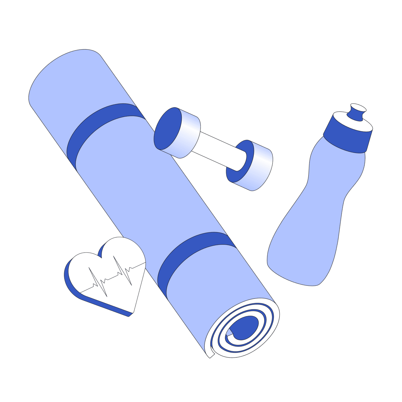 Gym yoga mat bottle and dumbbell as fitness equipment clipart transparent