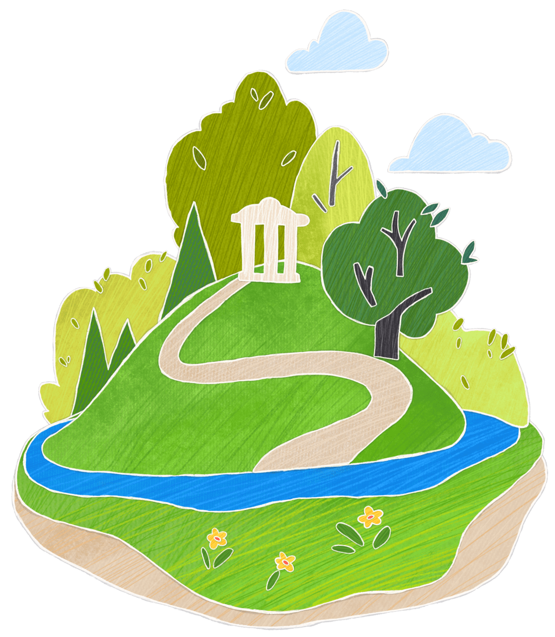 Landscape of summer park with trees and hill surrounded by water clipart photo