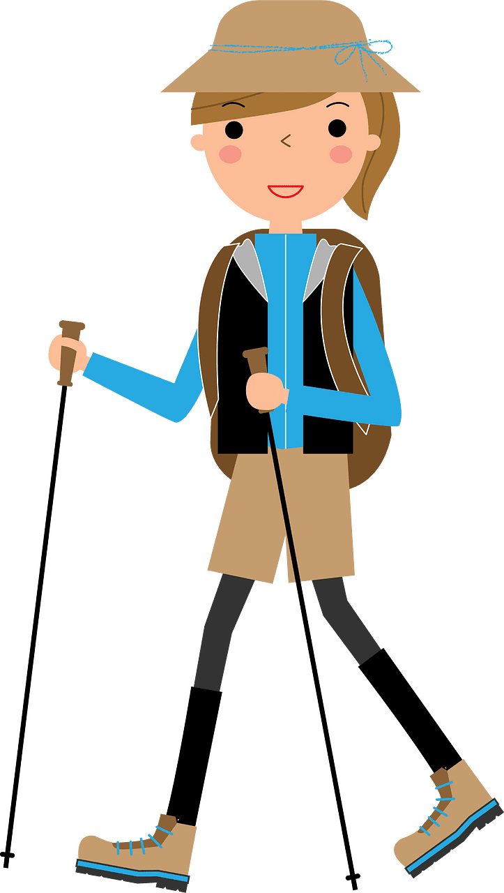 Hiking climber girl with trekking poles vector clipart images