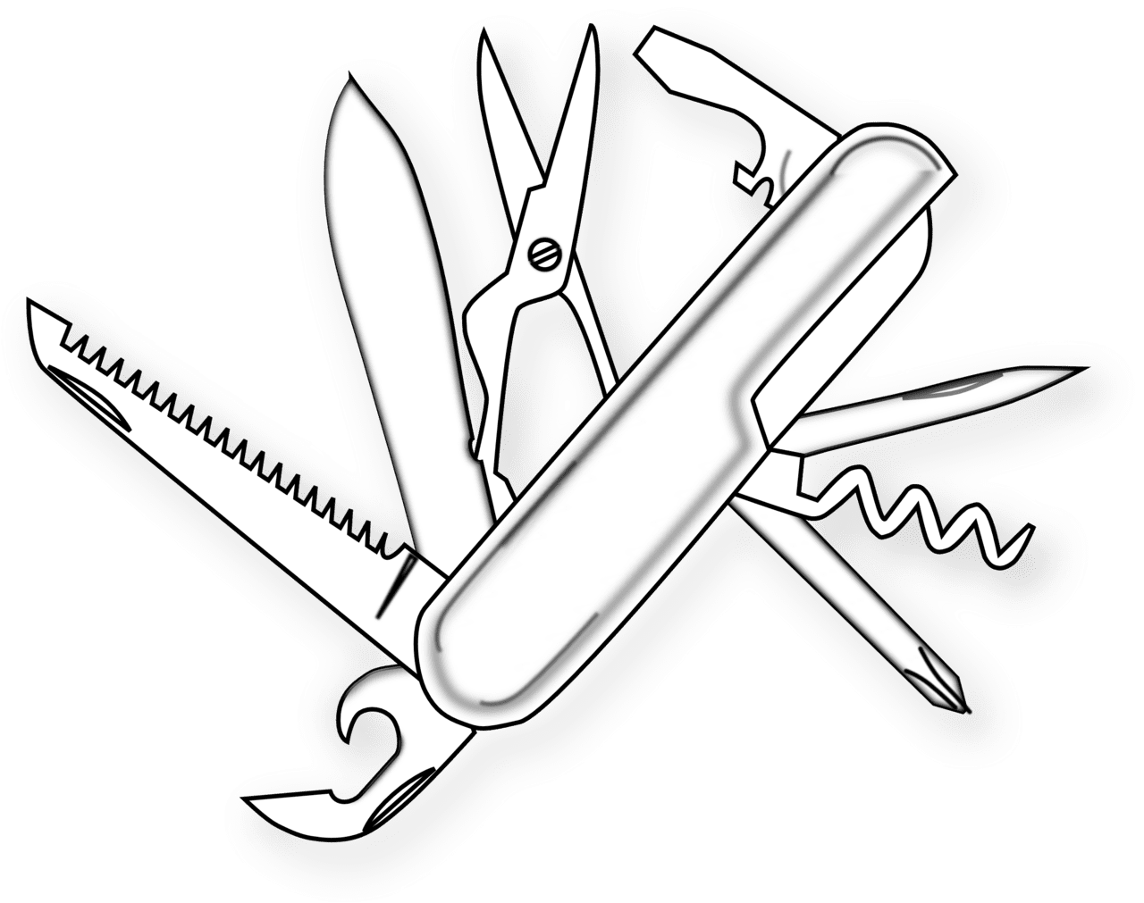 Black and white drawing of the knife with tools clipart image