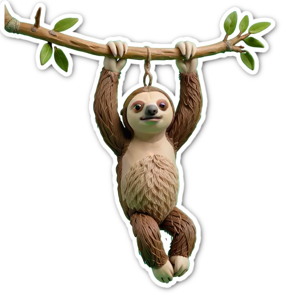 Sloth hanging from branch clay sticker in clipart background