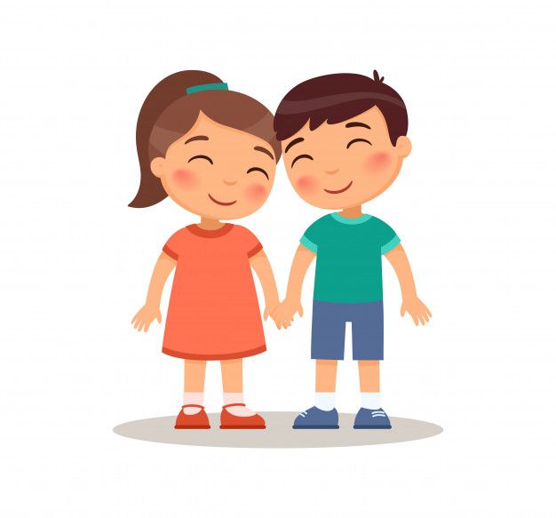 Hug premium vector smiling boy and girl kids holding hands childhood friendship concept love romance children cartoon characters flat isolated white background clipart