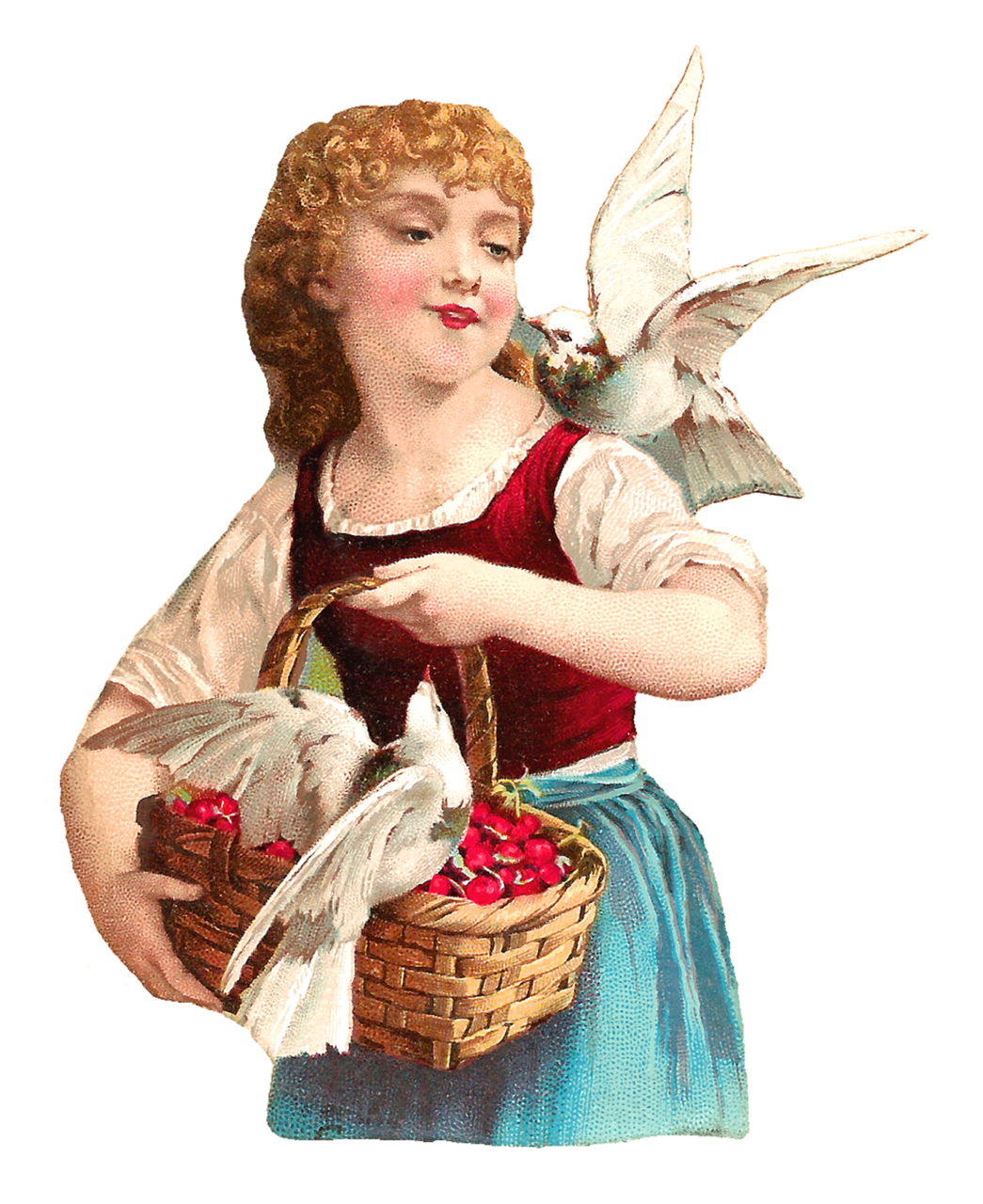 Picnic digital woman clipart with white doves and basket of cherries logo