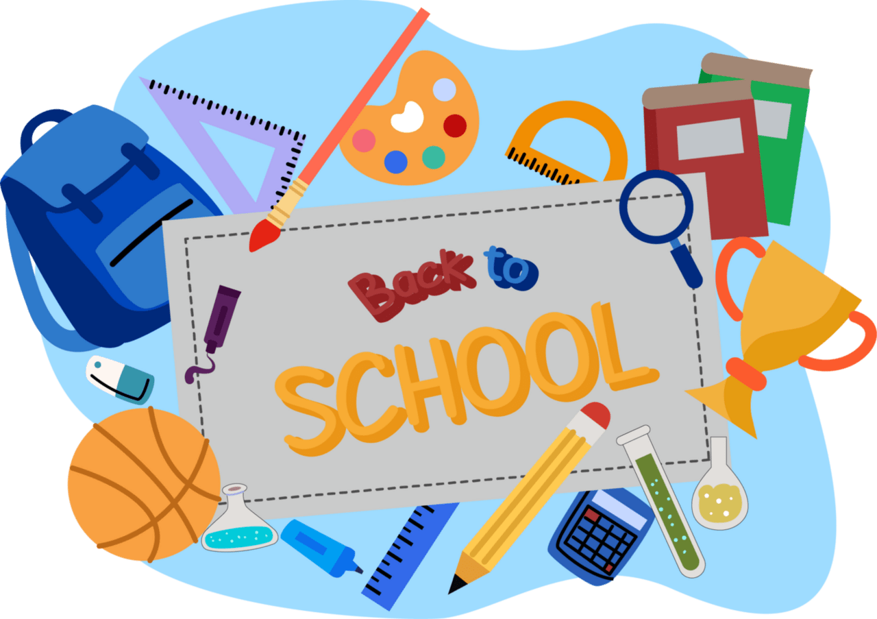 Back to school banner with of whiteboard and supplies flat design style clipart photo