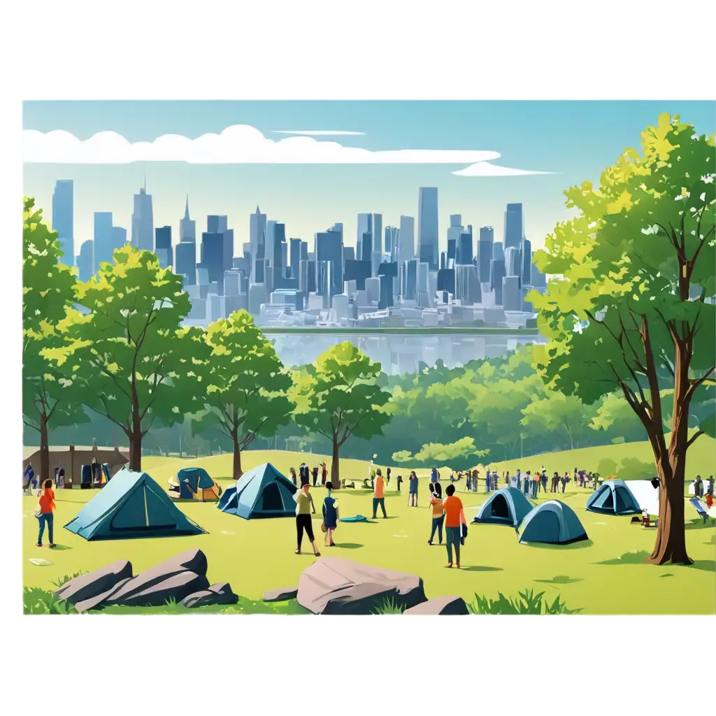 Park highquality image vibrant campsite gathering with spectacular city skyline prompt clipart