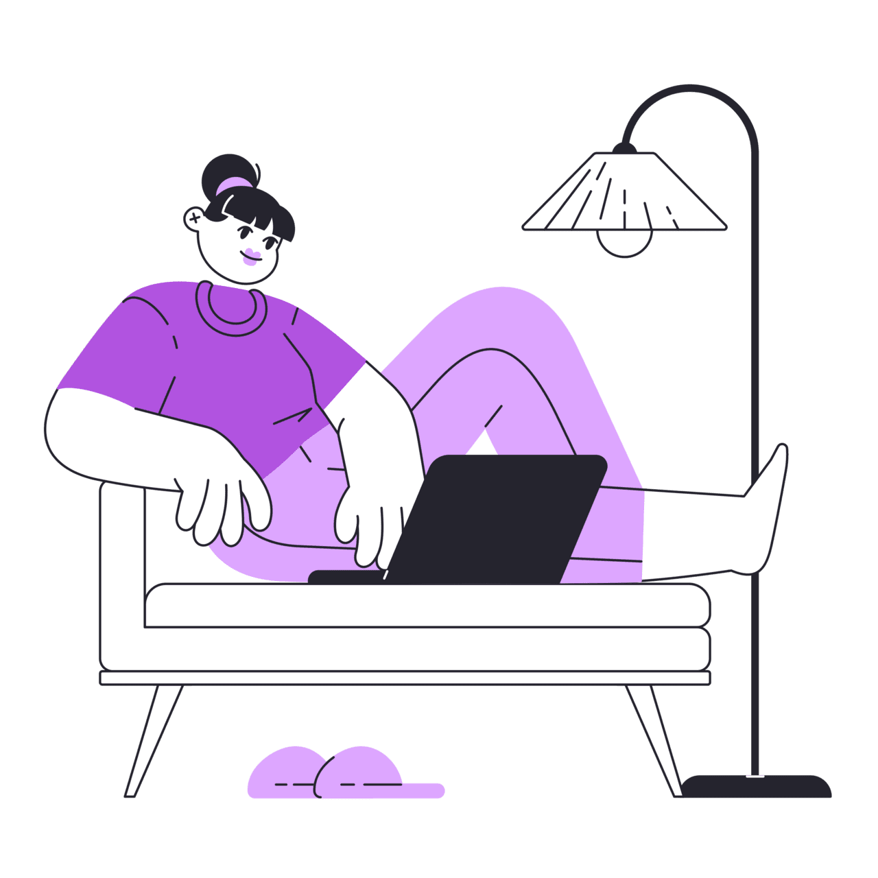 Couch woman works remotely with laptop sofa clipart photo