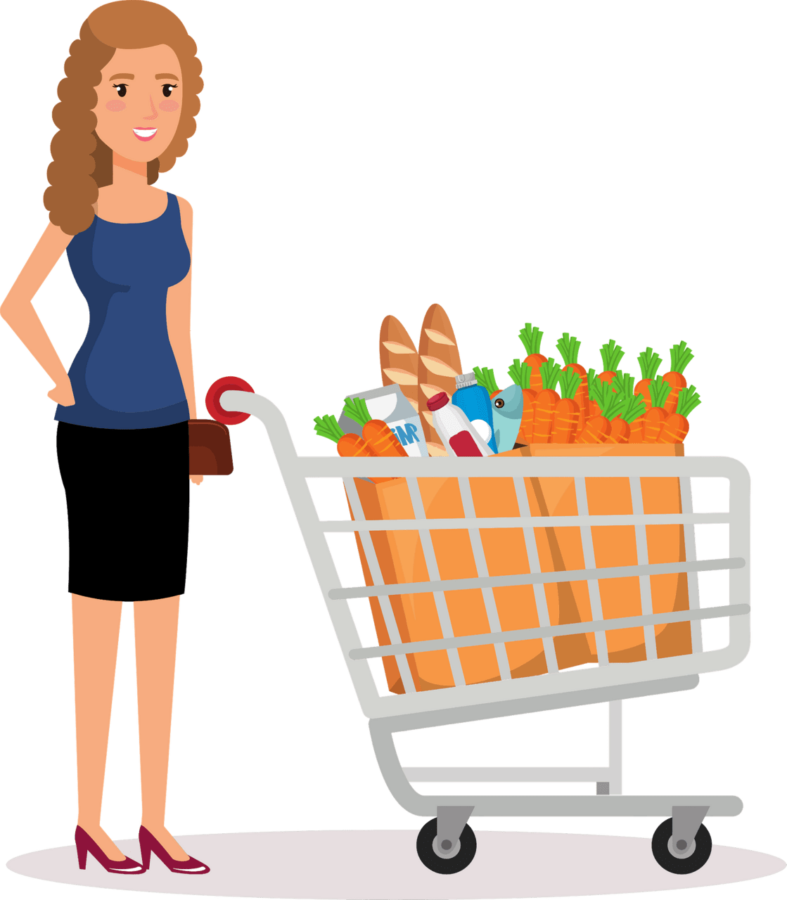 Lady with her full shopping cart vector clipart images