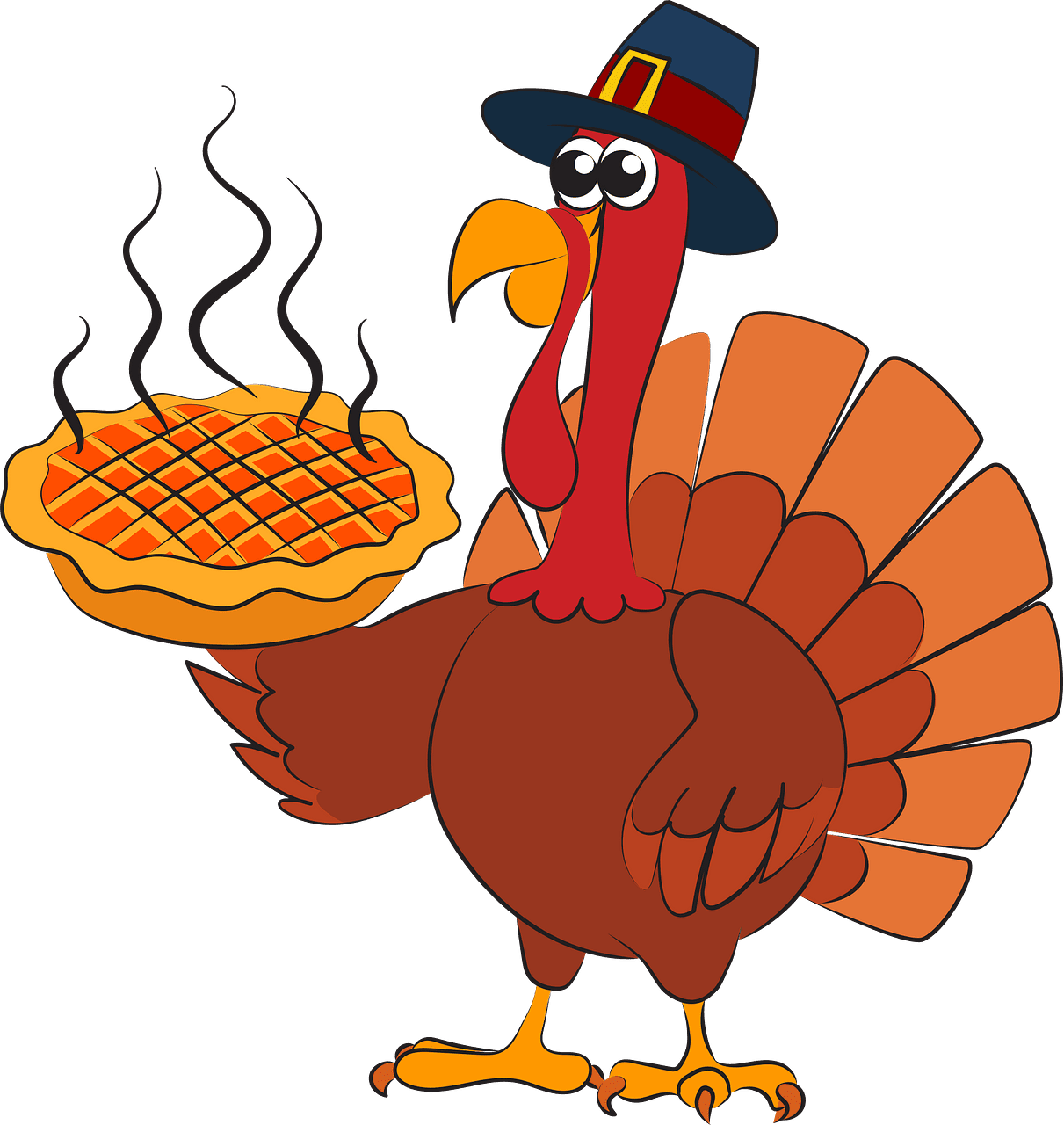 Cute turkey thanksgiving in pilgrim hat serving hot pumpkin pie vector clipart images