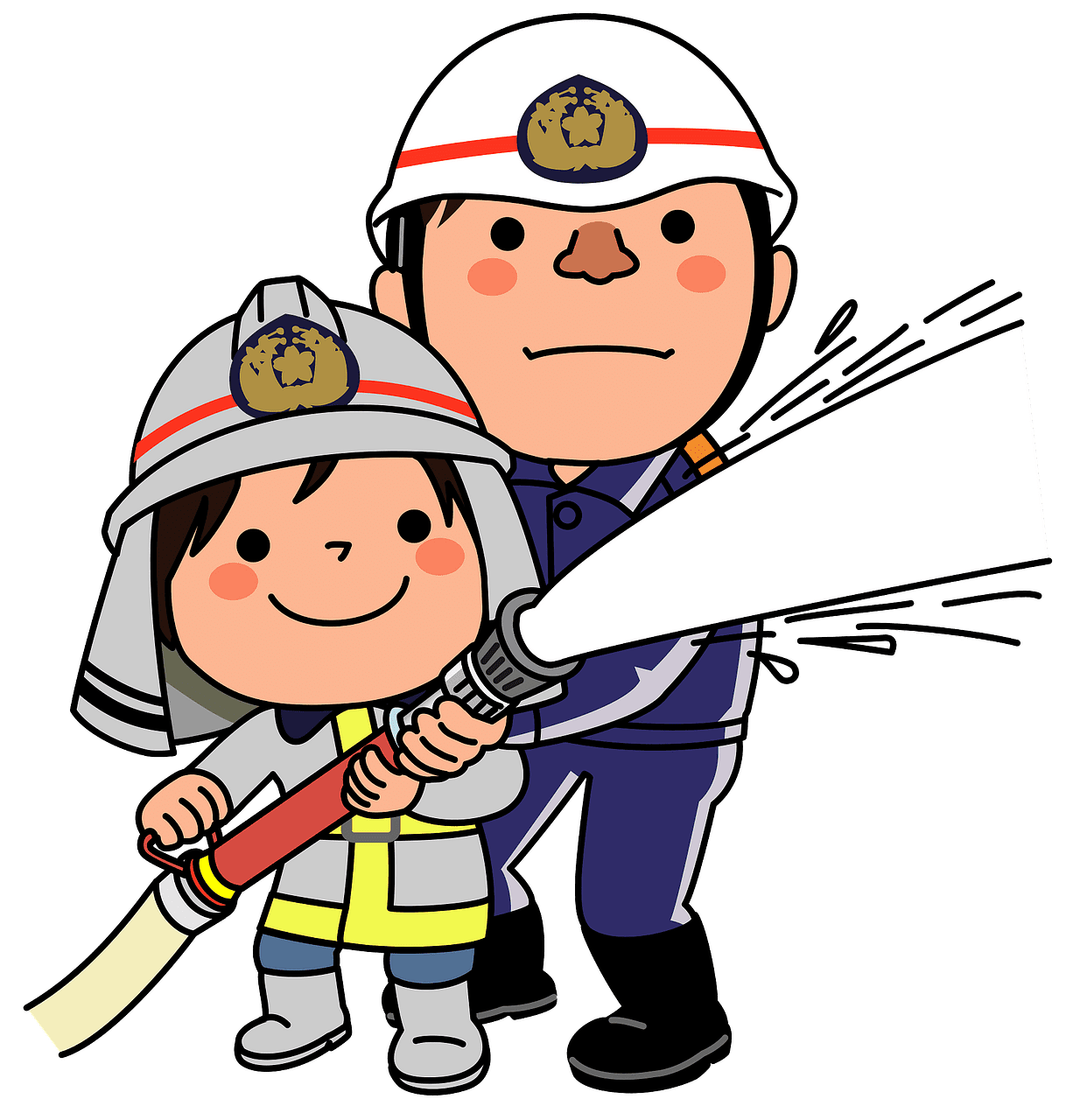 Fire fighter kid helping firefighter with the hose vector clipart images