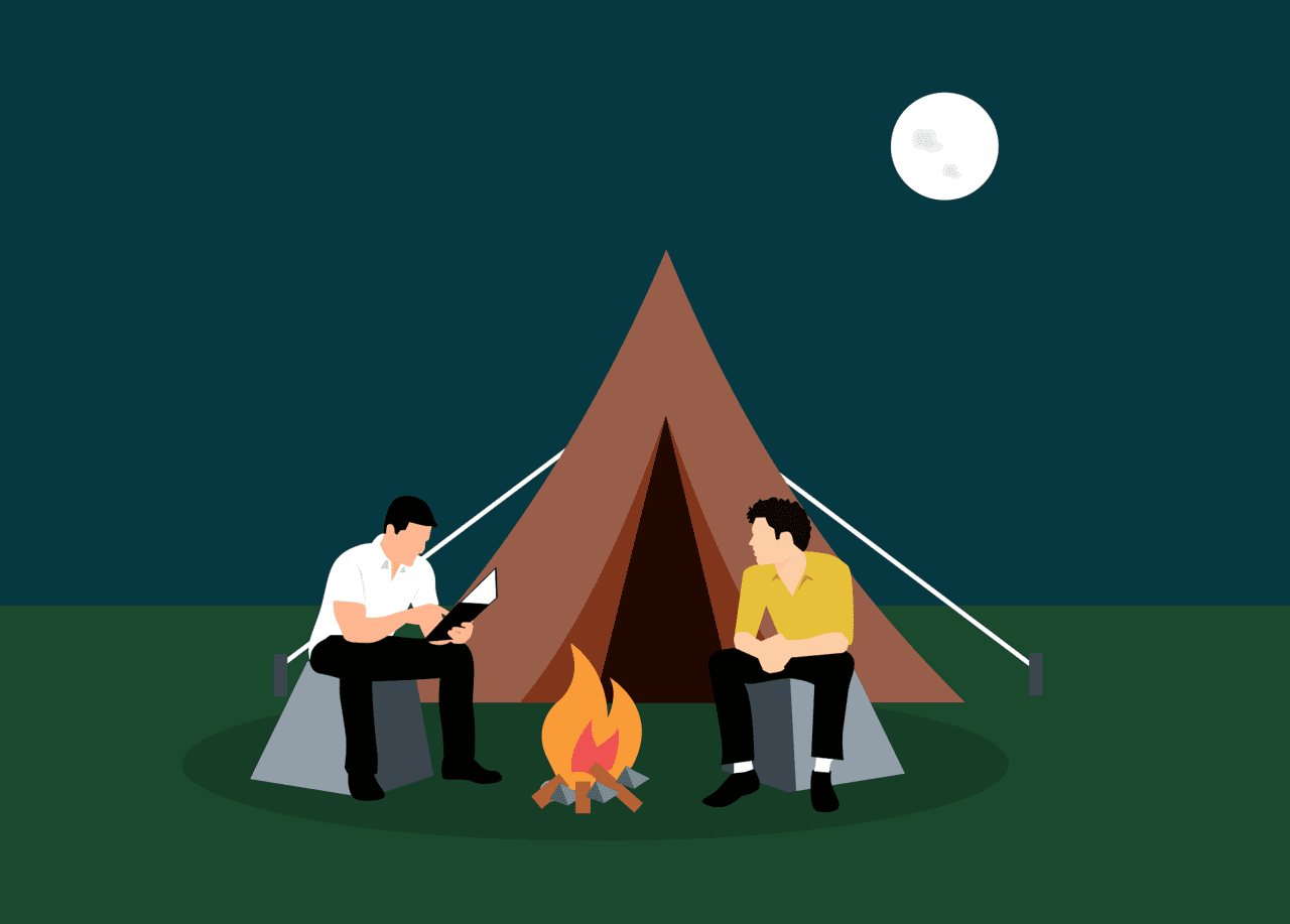 Camp couple of men sitting next to each other in front tent clipart transparent