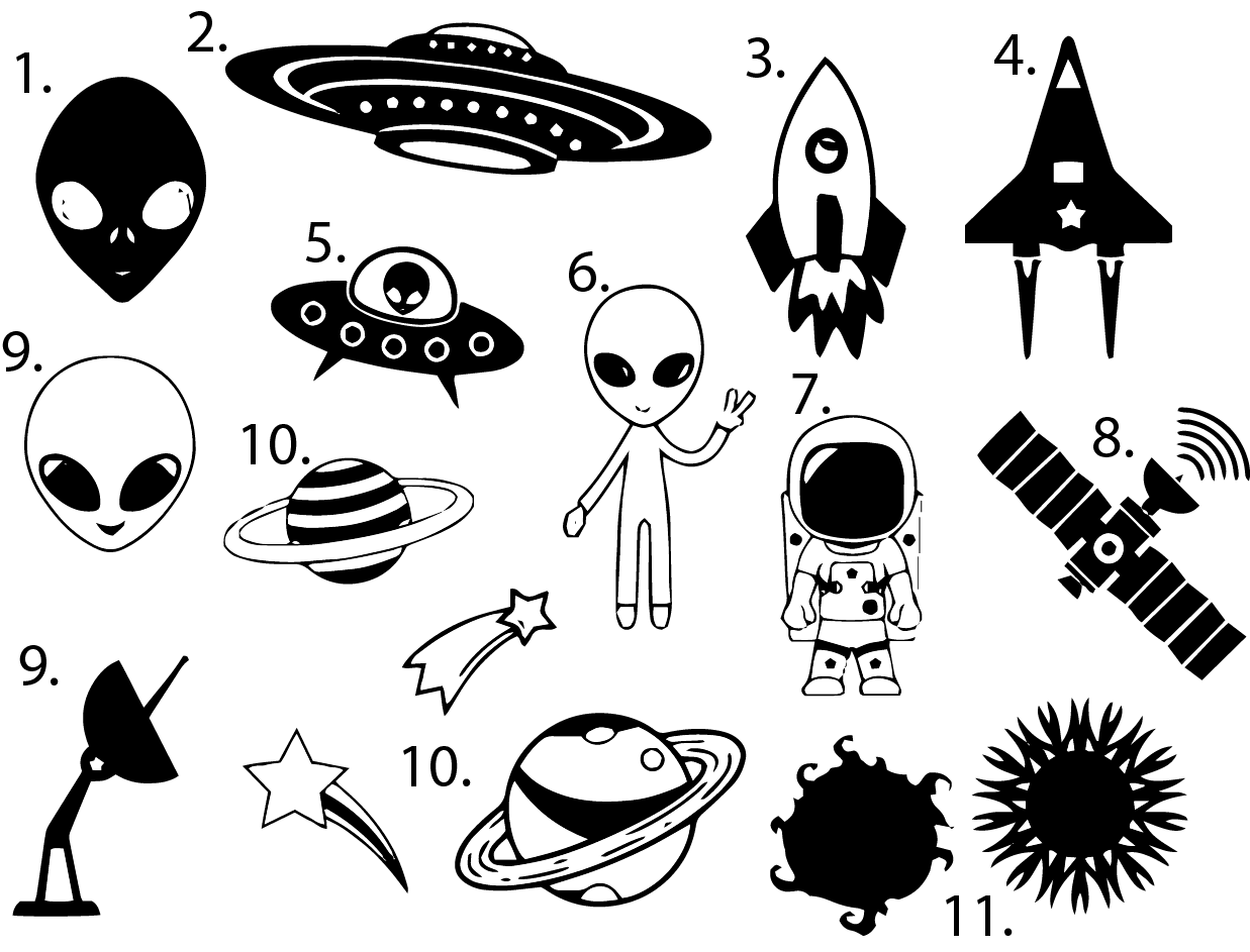 Ufo pre made ready to use alien space flash tattoo stencils set of clipart transparent