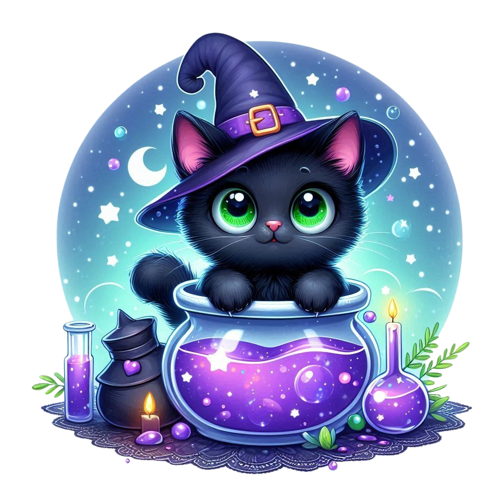 Witch hat cute black cat with green eyes in magic potion photographic print clipart