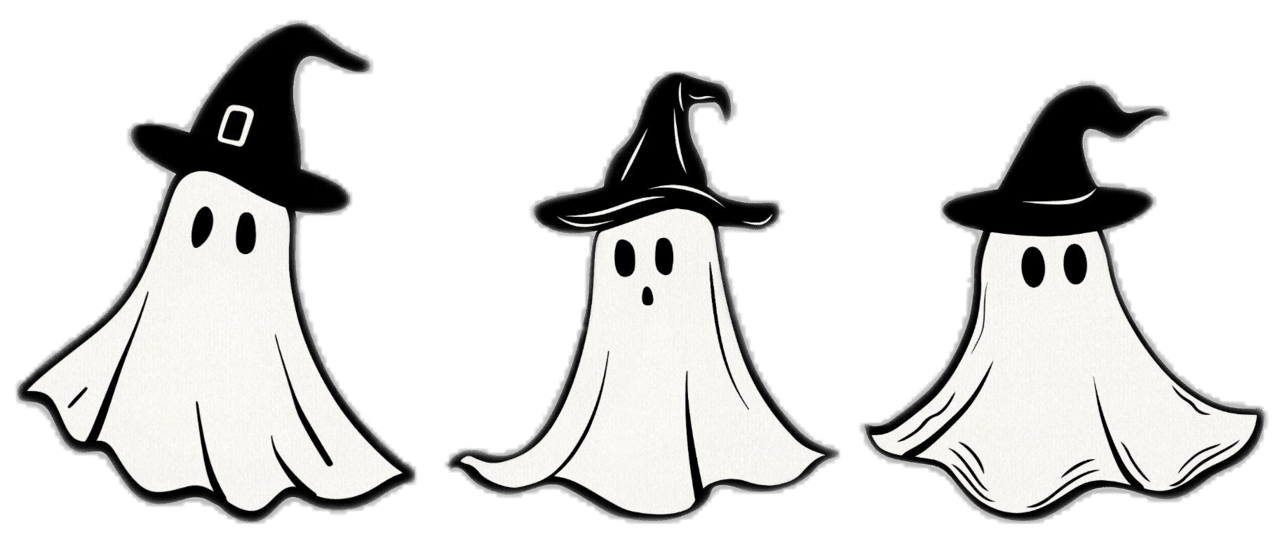 Halloween black and white whimsical ghost clipart with witch hats doodle cute spooky for invitations decorations digital picture