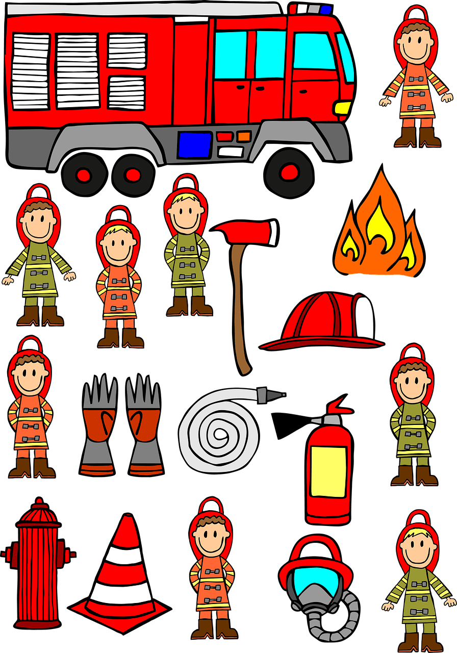 Fire fighter firemen hand drawn engine car axe of department image from clipart