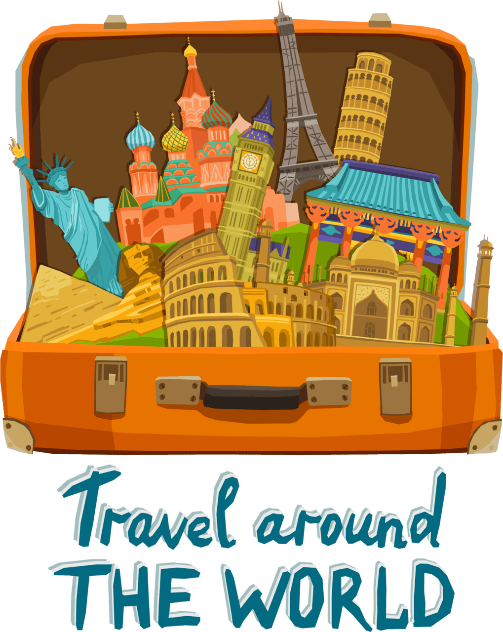 Travel around the world tourist suitcase hand drawn clipart transparent