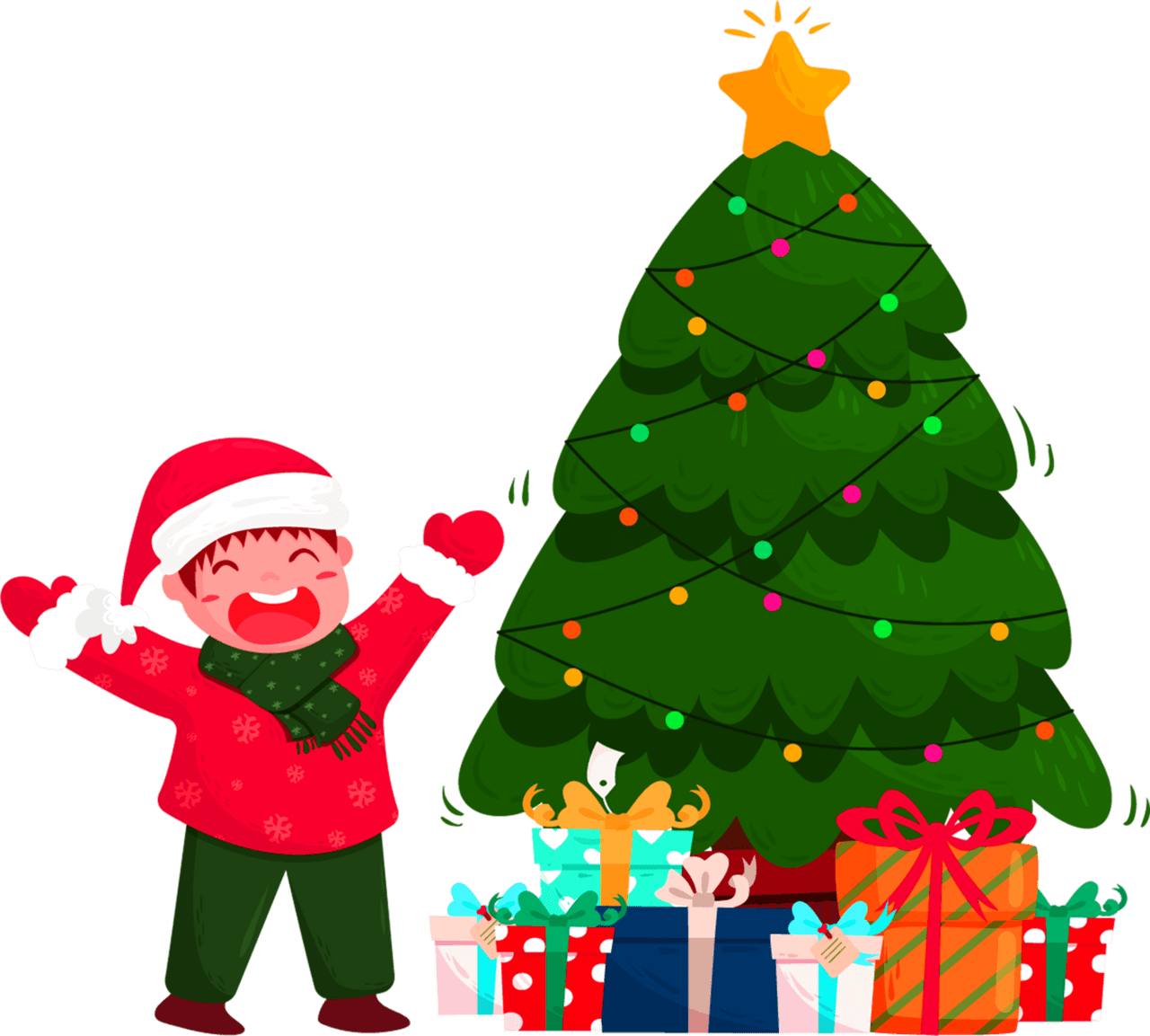 Christmas tree png wishes boy with candy boxes vector clipart