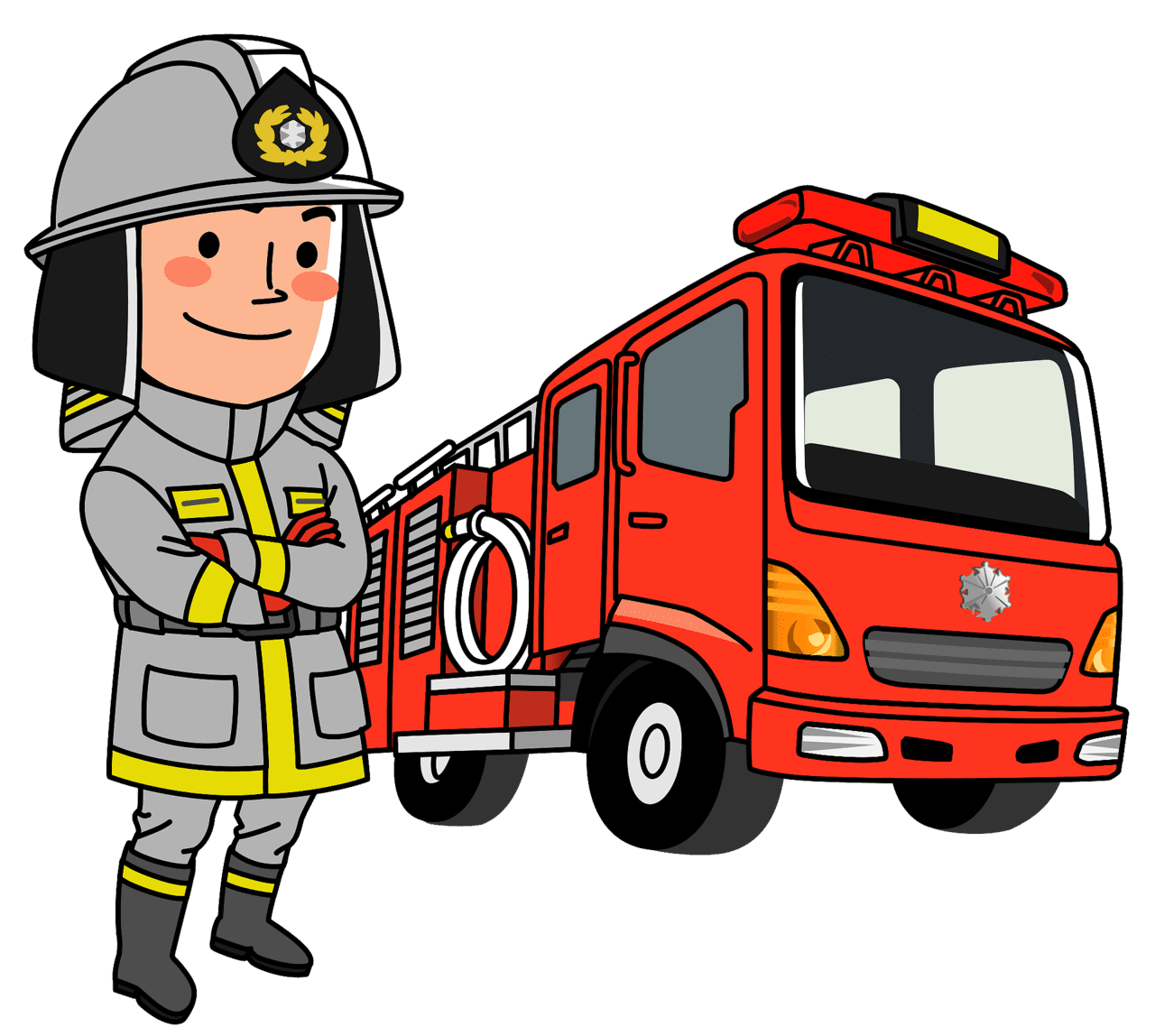 Fire fighter firefighter standing by his truck vector clipart images