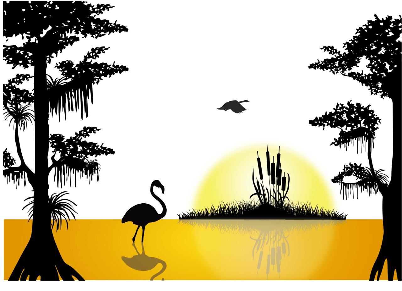 Sunset lake silhouette vector clipart