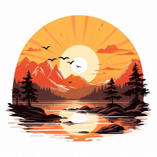 River vector sunrise clipart chiaroscuro art style