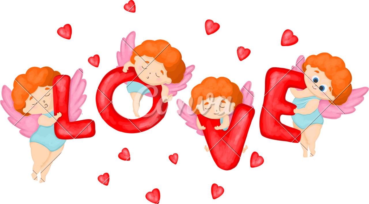 Cupid sticker with hearts and romantic decor happy valentine daylove red heart angel character photos by canva clipart