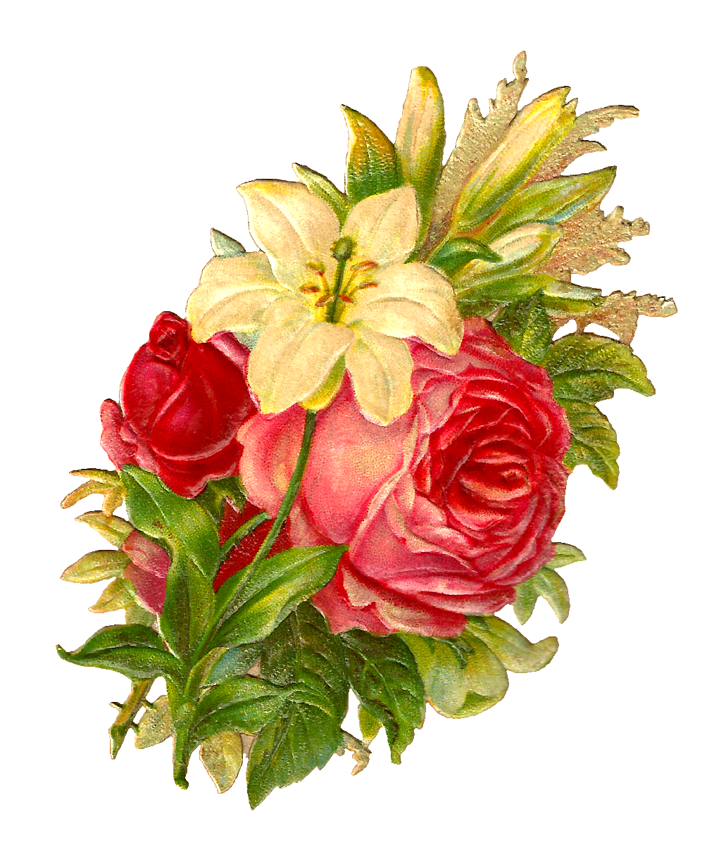 Digital flower bouquet images of red and pink roses lilies with leaves clipart