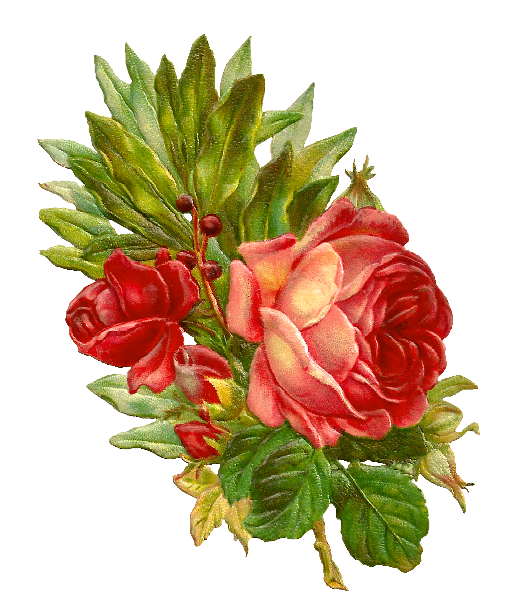 Bouquet of flowers digital flower clipart red rose graphic with big leaves picture