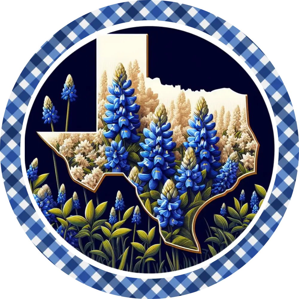 Bluebonnet blue gingham texas bonnets round wreath sign clipart background