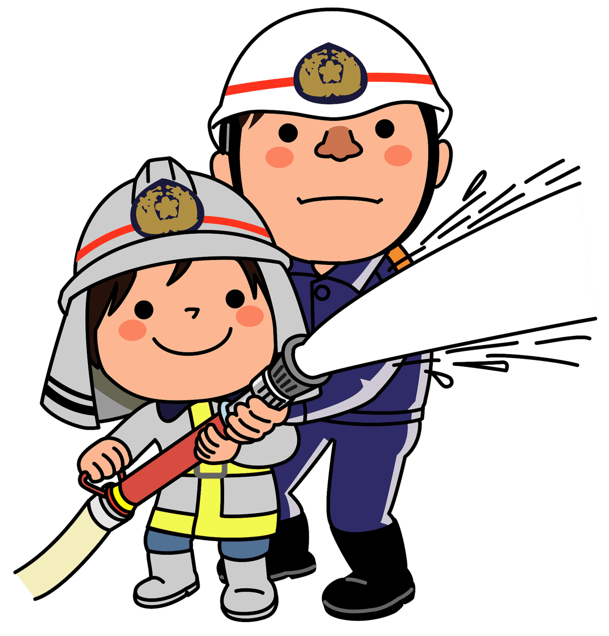 Fireman kid helping firefighter with the hose vector clipart images