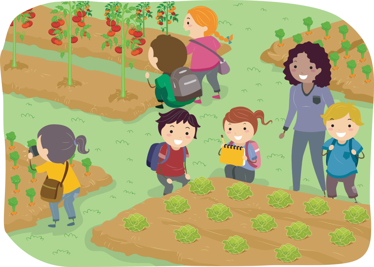 Field trip from farm to fork teaching kids about food clipart vector