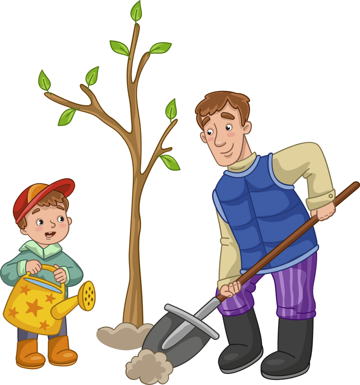 Gardening dad and son planting tree vector clipart images