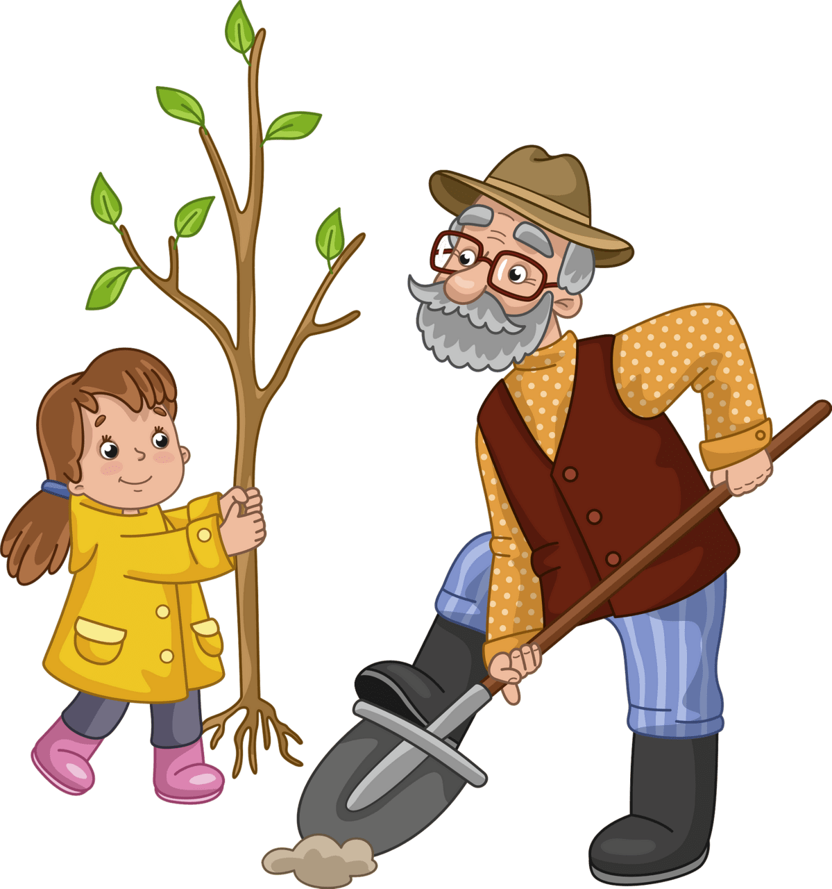 Gardening granddad and granddaughter planting tree vector clipart images