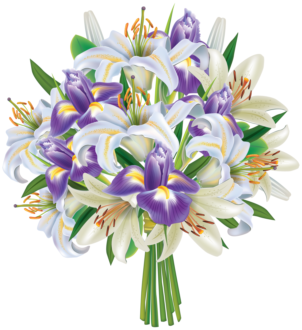 Purple iris flowers and lilies bouquet clipart image